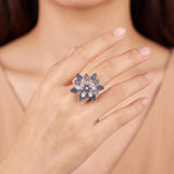 Effy 14k White Gold Blue Sapphire and Diamond Floral Spinner Ring Size 8