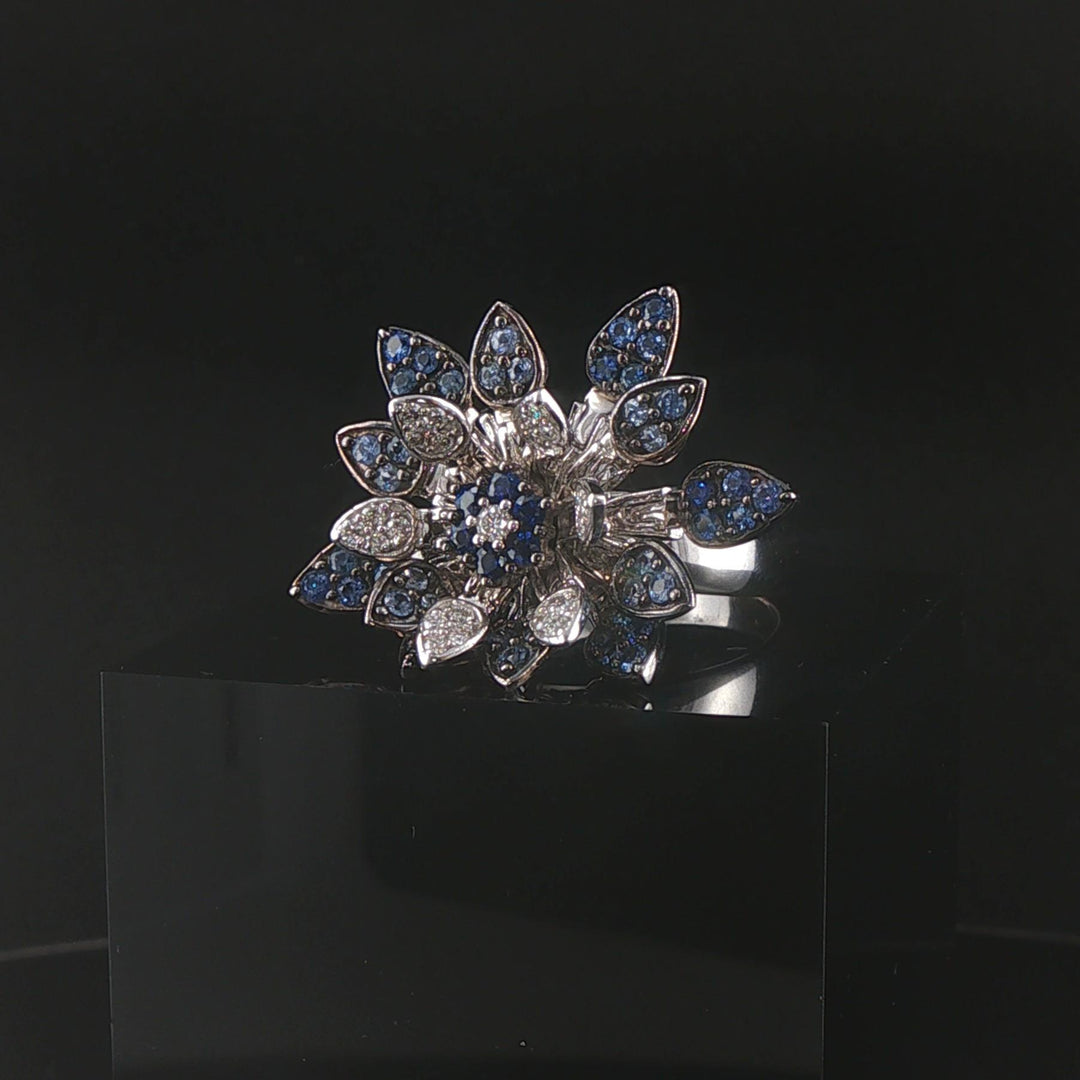 Effy 14k White Gold Blue Sapphire and Diamond Floral Spinner Ring Size 8