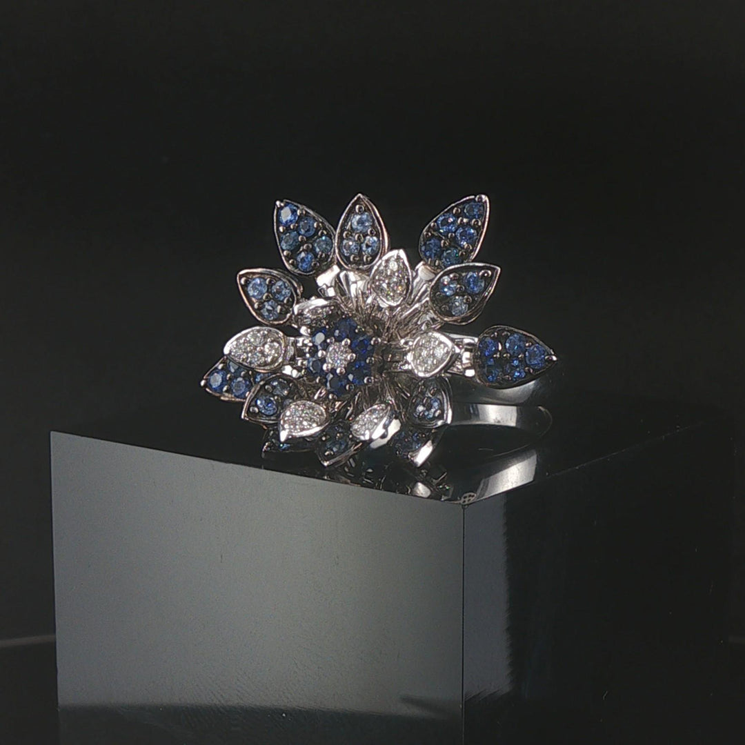 Effy 14k White Gold Blue Sapphire and Diamond Floral Spinner Ring Size 8