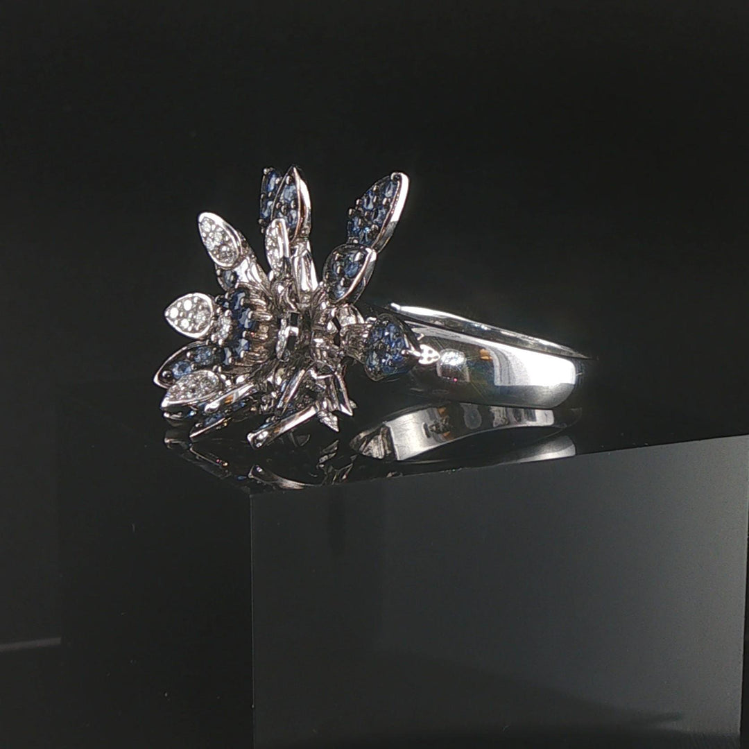 Effy 14k White Gold Blue Sapphire and Diamond Floral Spinner Ring Size 8