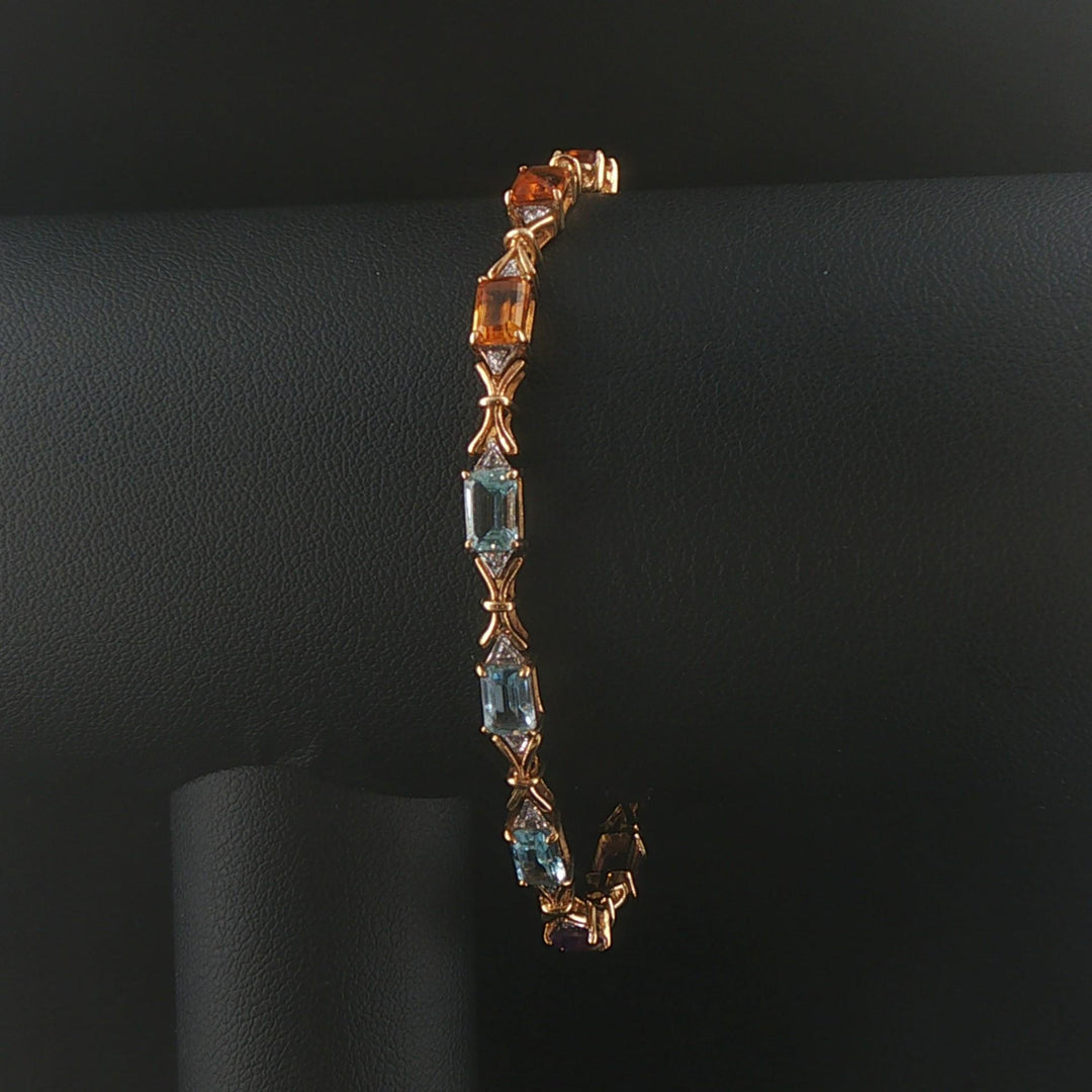 14k Yellow Gold Multi Gemstone and Diamond Fancy Link Bracelet 7"