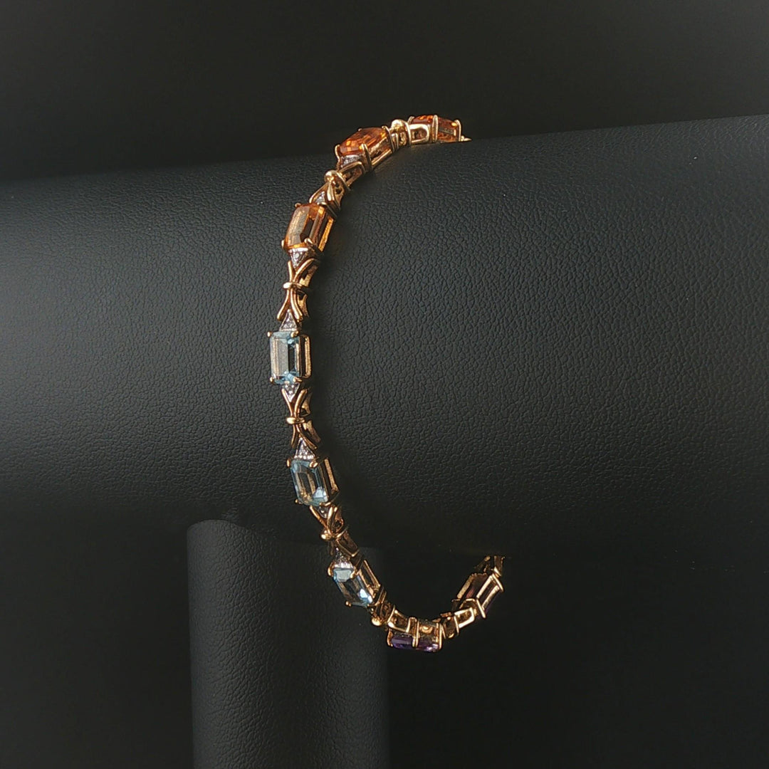 14k Yellow Gold Multi Gemstone and Diamond Fancy Link Bracelet 7"