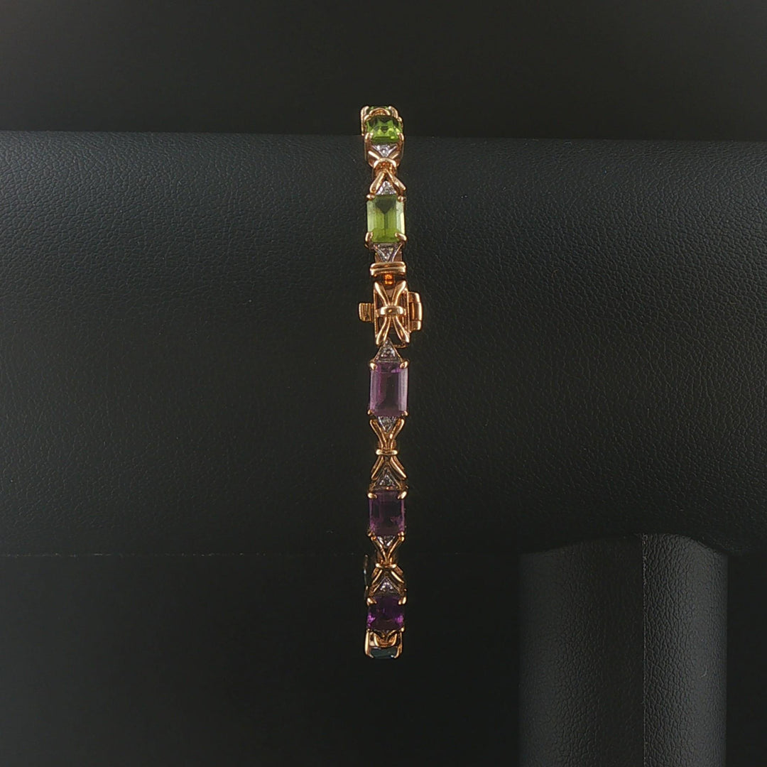 14k Yellow Gold Multi Gemstone and Diamond Fancy Link Bracelet 7"