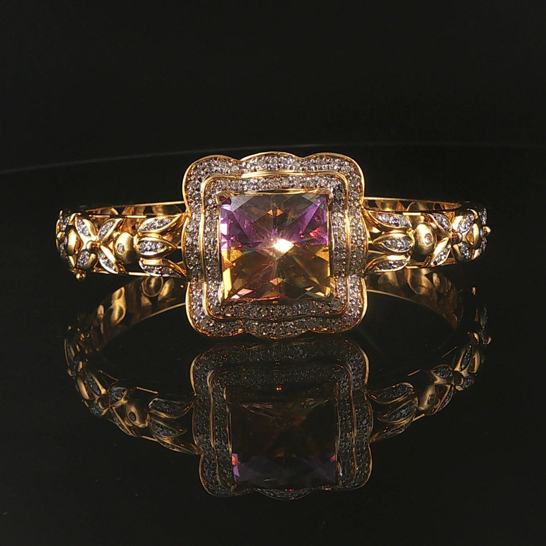 14k Yellow Gold Mystic Topaz and 1.25cttw Diamond Heavy Bangle Bracelet 7.25"