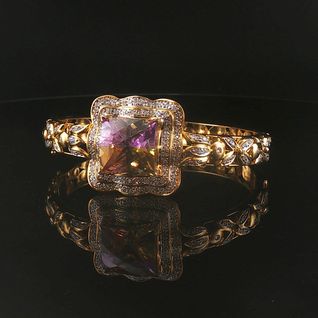 14k Yellow Gold Mystic Topaz and 1.25cttw Diamond Heavy Bangle Bracelet 7.25"