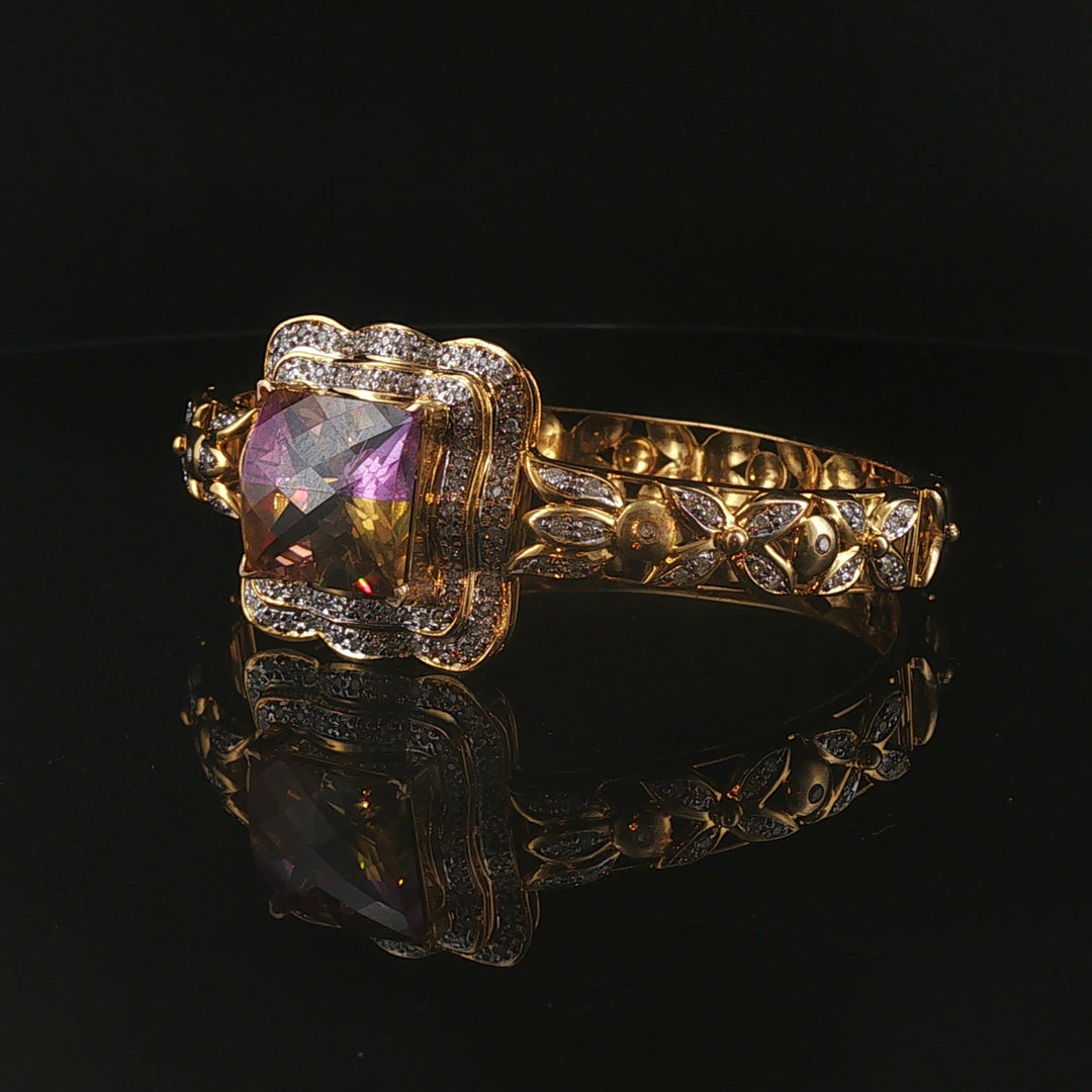 14k Yellow Gold Mystic Topaz and 1.25cttw Diamond Heavy Bangle Bracelet 7.25"