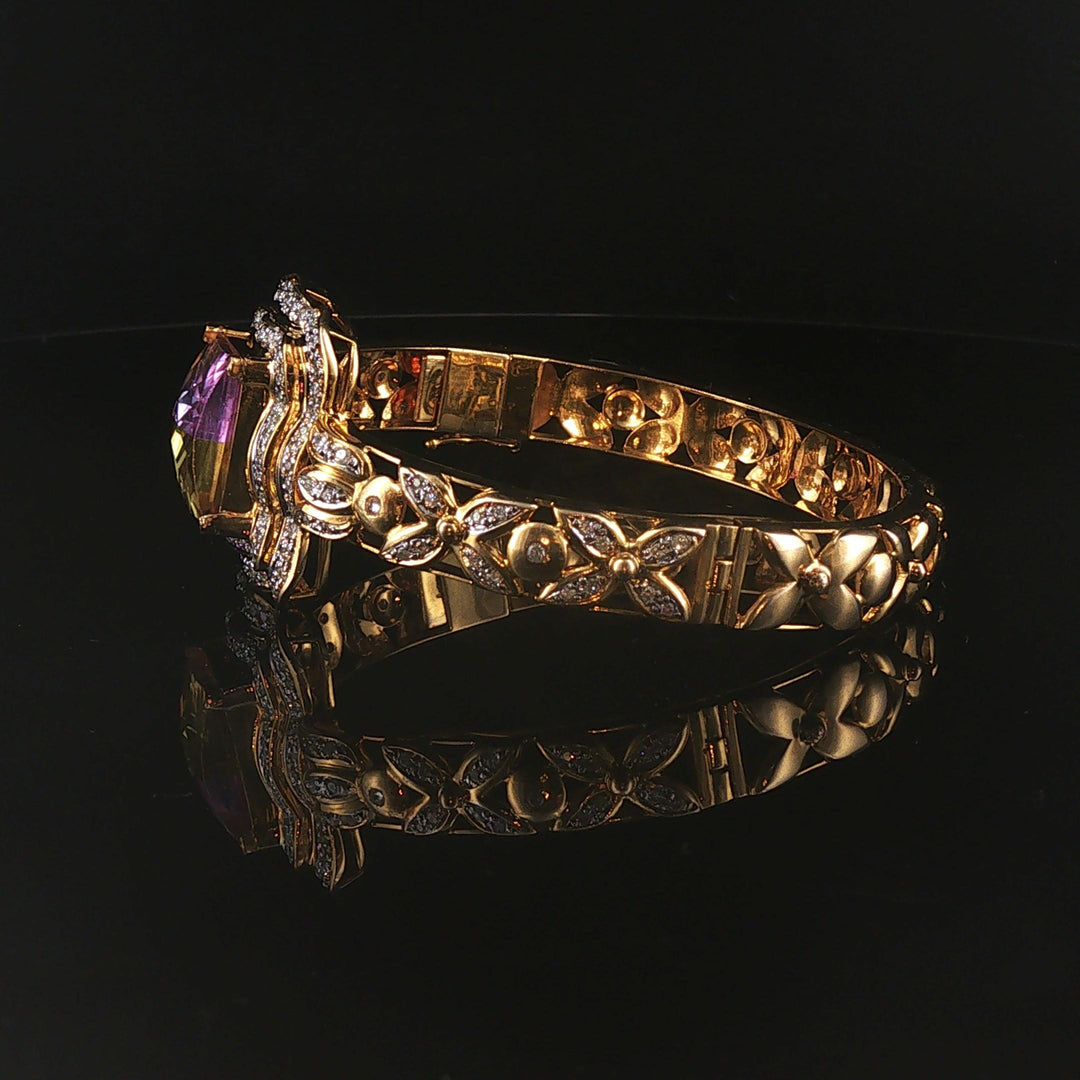 14k Yellow Gold Mystic Topaz and 1.25cttw Diamond Heavy Bangle Bracelet 7.25"