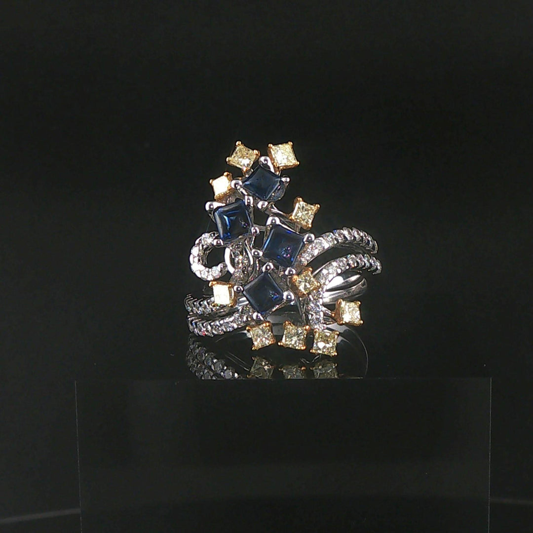 18k White Gold Blue Sapphire White and Yellow Diamond Ring Size 7