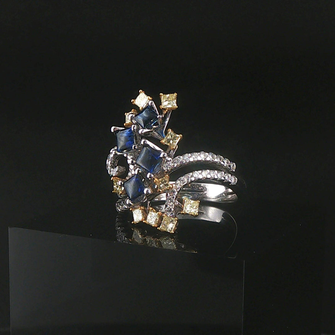 18k White Gold Blue Sapphire White and Yellow Diamond Ring Size 7