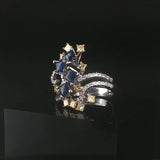 18k White Gold Blue Sapphire White and Yellow Diamond Ring Size 7
