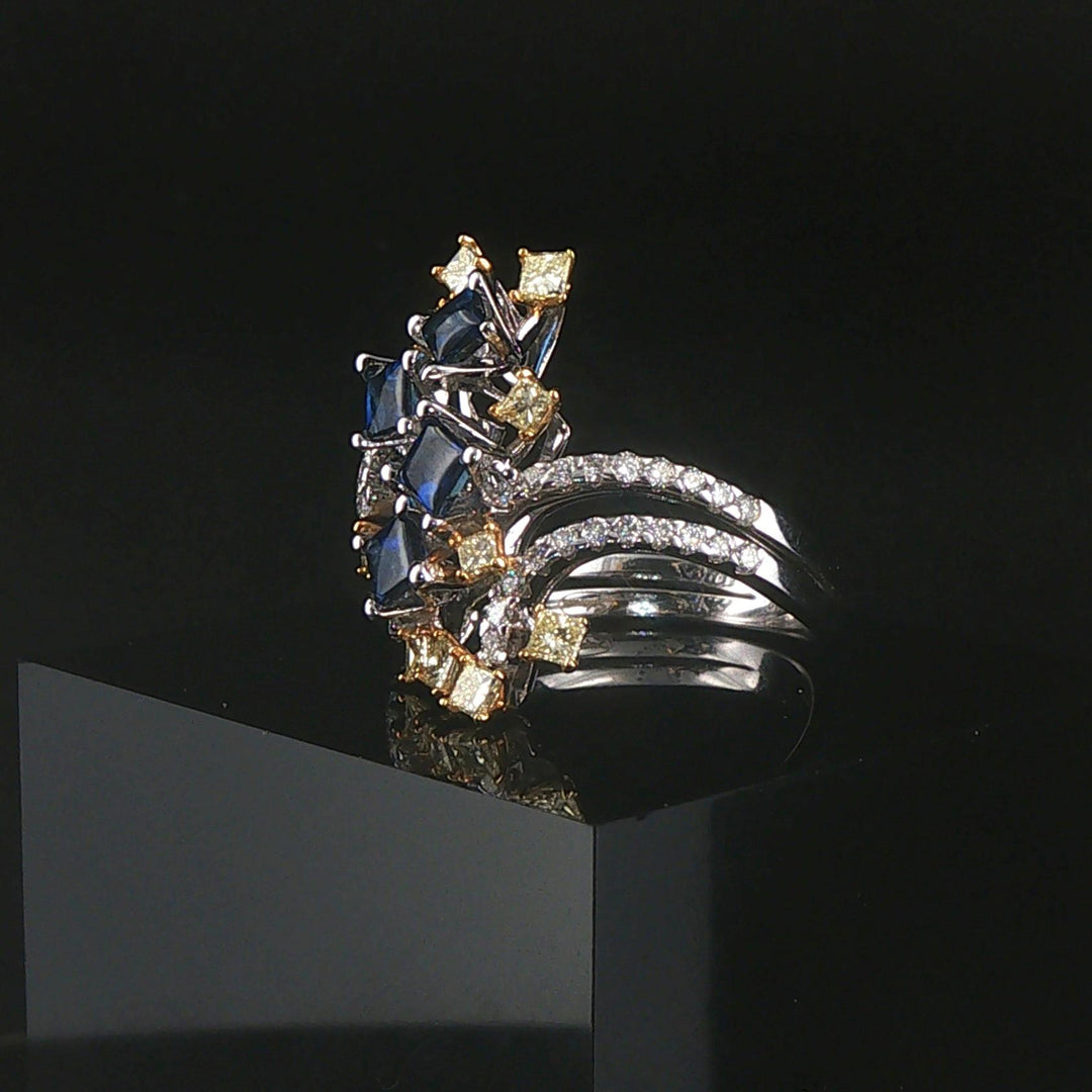 18k White Gold Blue Sapphire White and Yellow Diamond Ring Size 7