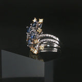 18k White Gold Blue Sapphire White and Yellow Diamond Ring Size 7