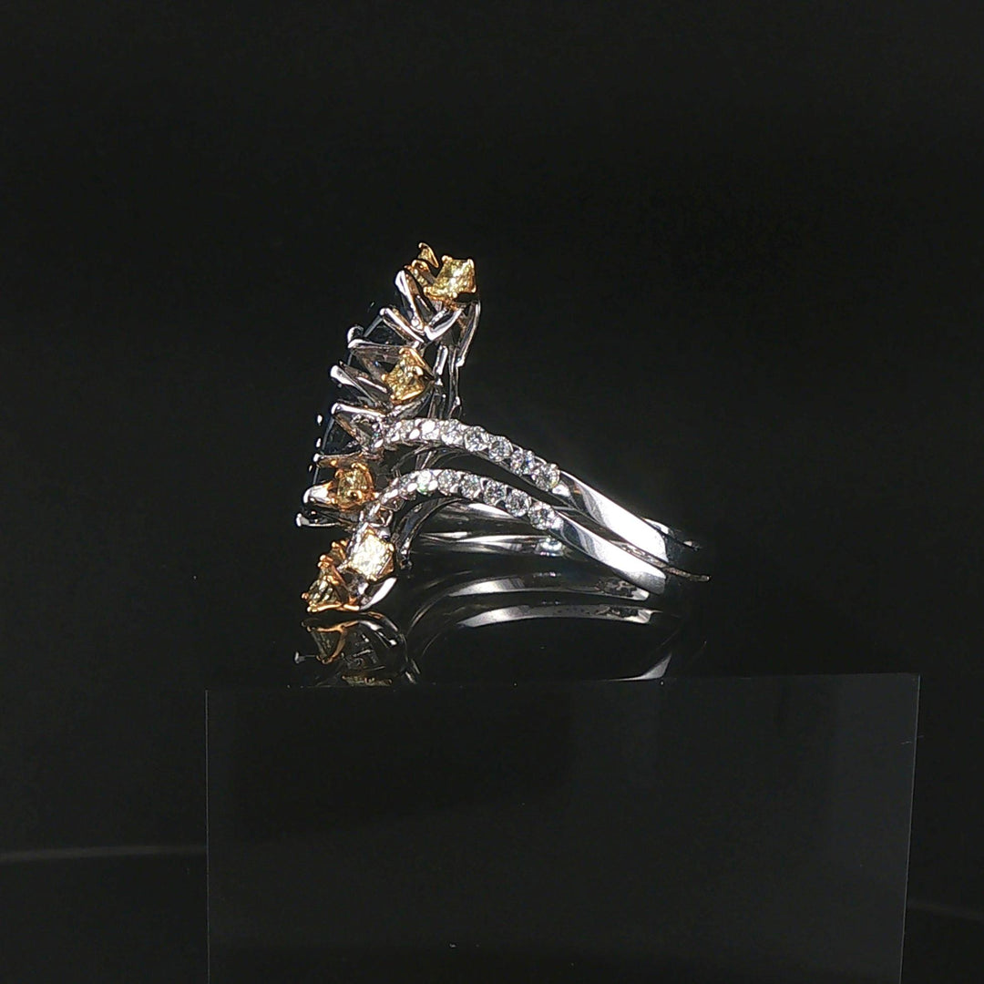 18k White Gold Blue Sapphire White and Yellow Diamond Ring Size 7