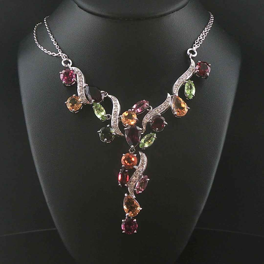 18k White Gold Mulit Color Tourmaline and Diamond Drop Necklace Italy 16.5"