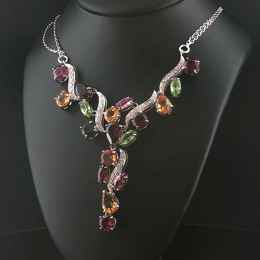 18k White Gold Mulit Color Tourmaline and Diamond Drop Necklace Italy 16.5"