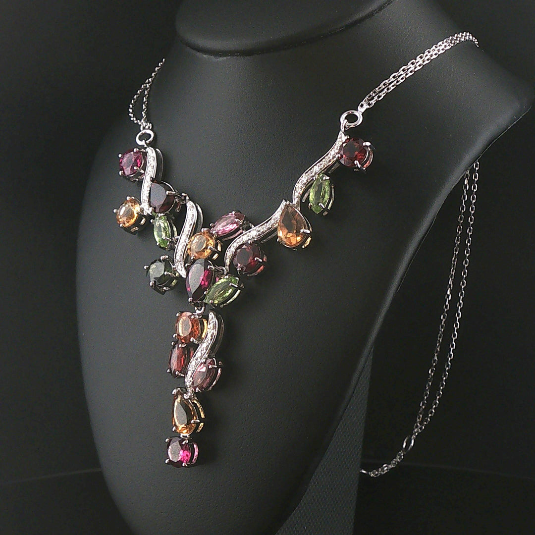 18k White Gold Mulit Color Tourmaline and Diamond Drop Necklace Italy 16.5"
