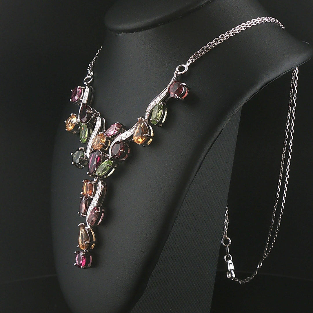 18k White Gold Mulit Color Tourmaline and Diamond Drop Necklace Italy 16.5"