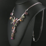 18k White Gold Mulit Color Tourmaline and Diamond Drop Necklace Italy 16.5"
