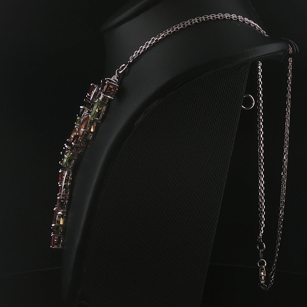 18k White Gold Mulit Color Tourmaline and Diamond Drop Necklace Italy 16.5"