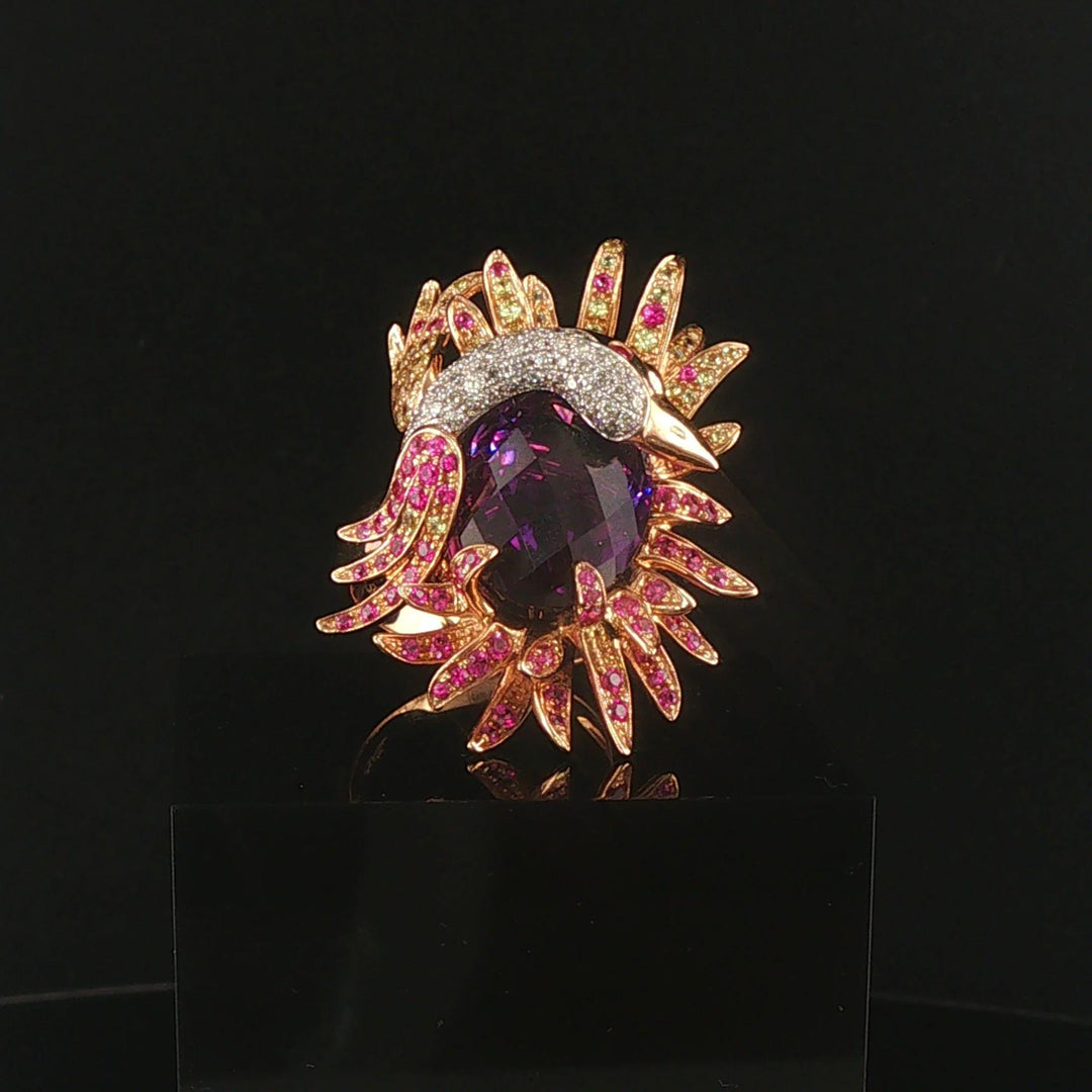 18k Rose Gold Amethyst Pink Sapphire and Diamond Large Swan Ring Size 7