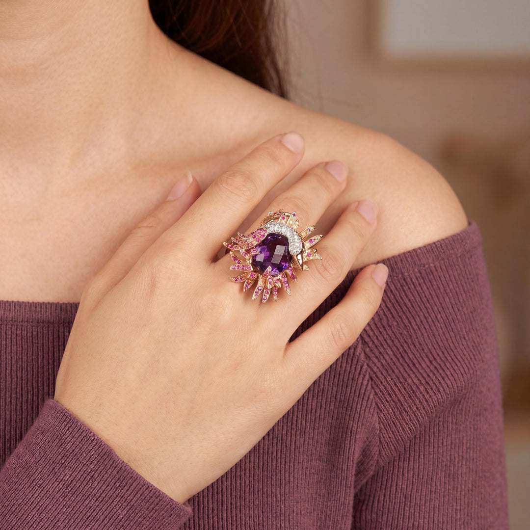 18k Rose Gold Amethyst Pink Sapphire and Diamond Large Swan Ring Size 7