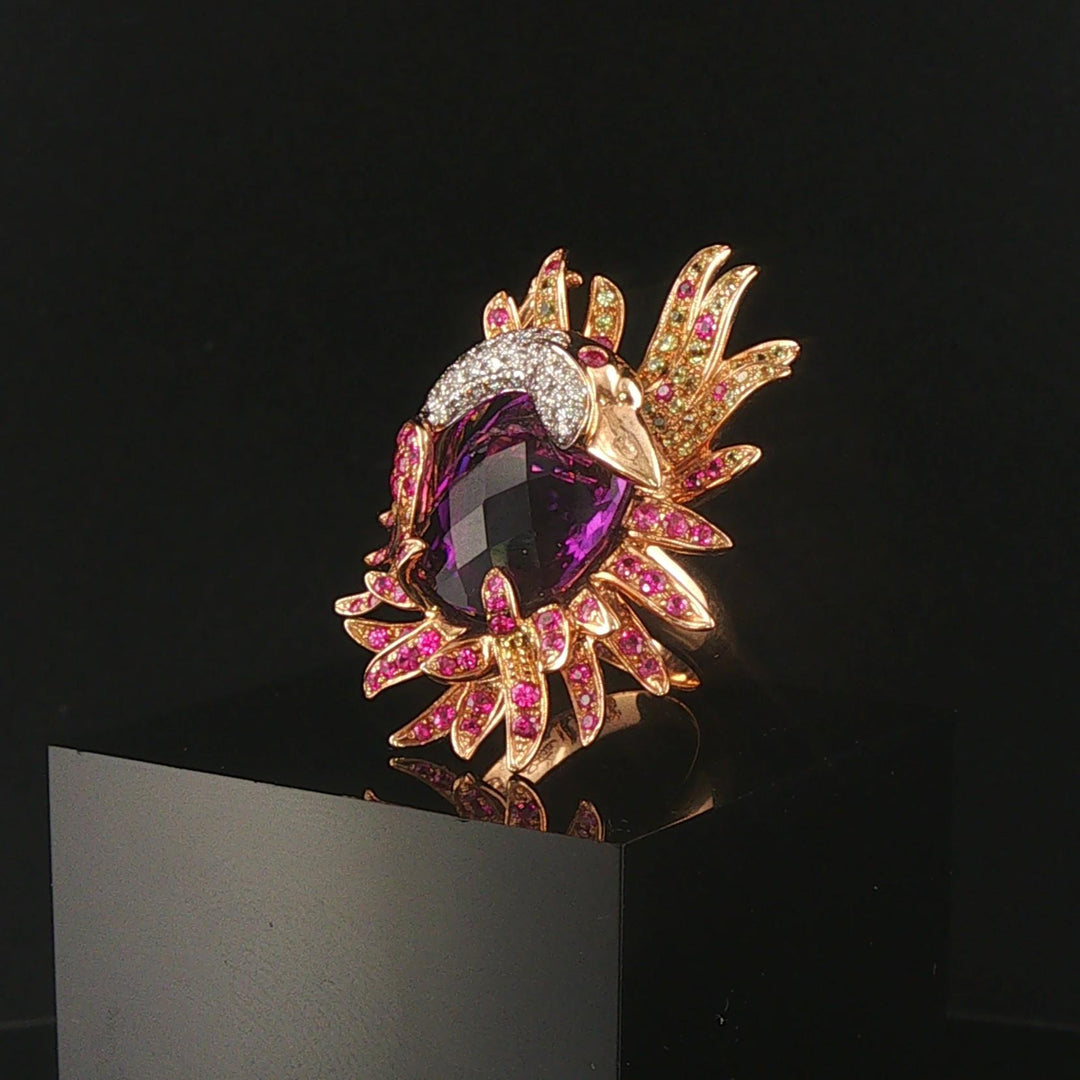 18k Rose Gold Amethyst Pink Sapphire and Diamond Large Swan Ring Size 7