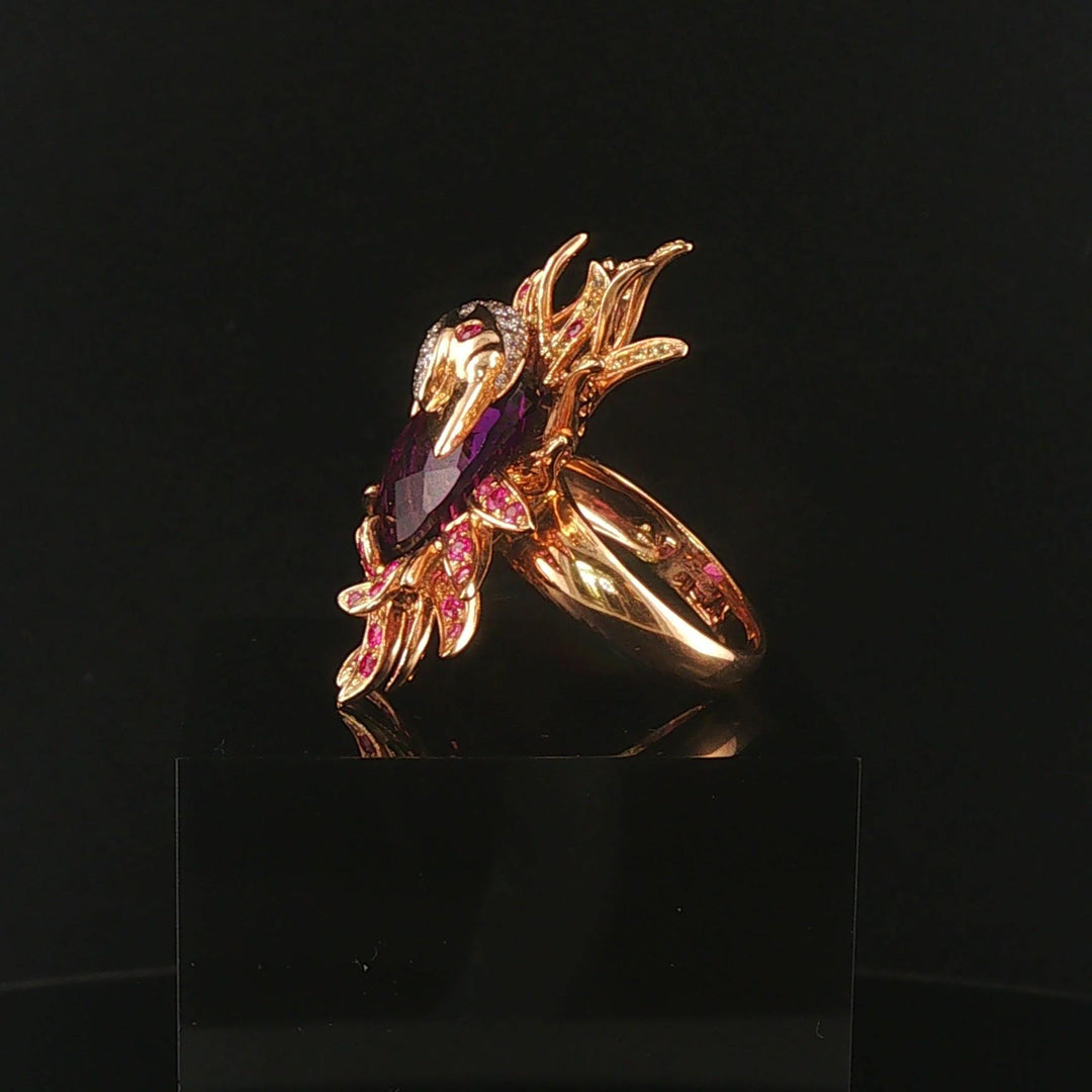18k Rose Gold Amethyst Pink Sapphire and Diamond Large Swan Ring Size 7