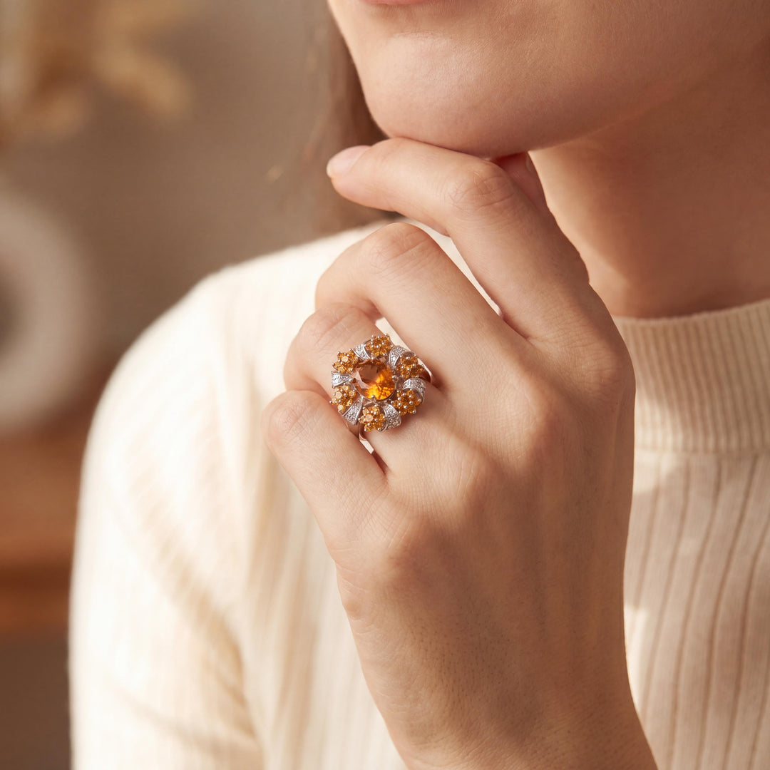 18k White Gold Citrine and Diamond Large Halo Ring Size 7