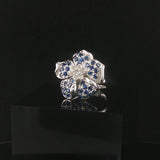 18k White Gold Blue Sapphire and Diamond Floral Ring Size 6