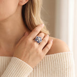 18k White Gold Blue Sapphire and Diamond Floral Ring Size 6