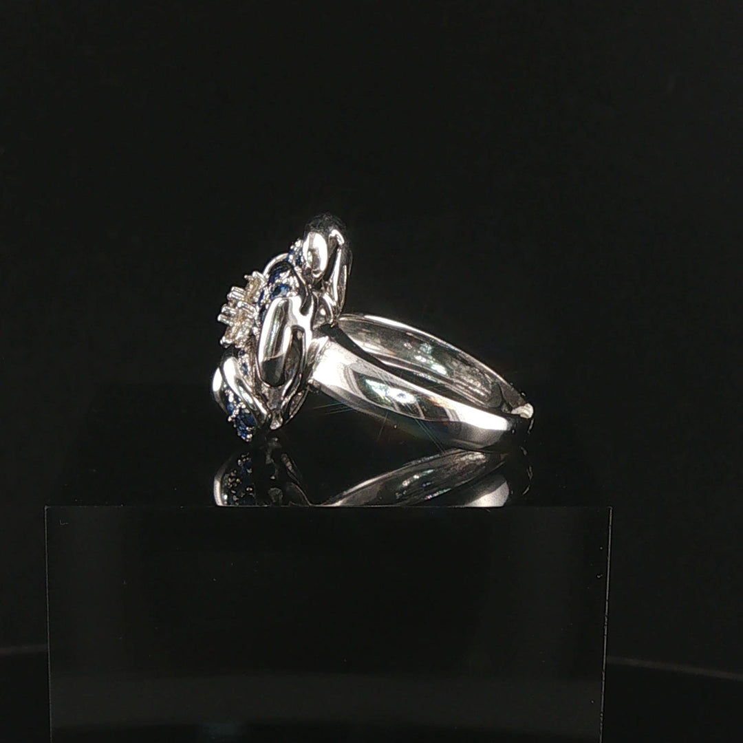 18k White Gold Blue Sapphire and Diamond Floral Ring Size 6