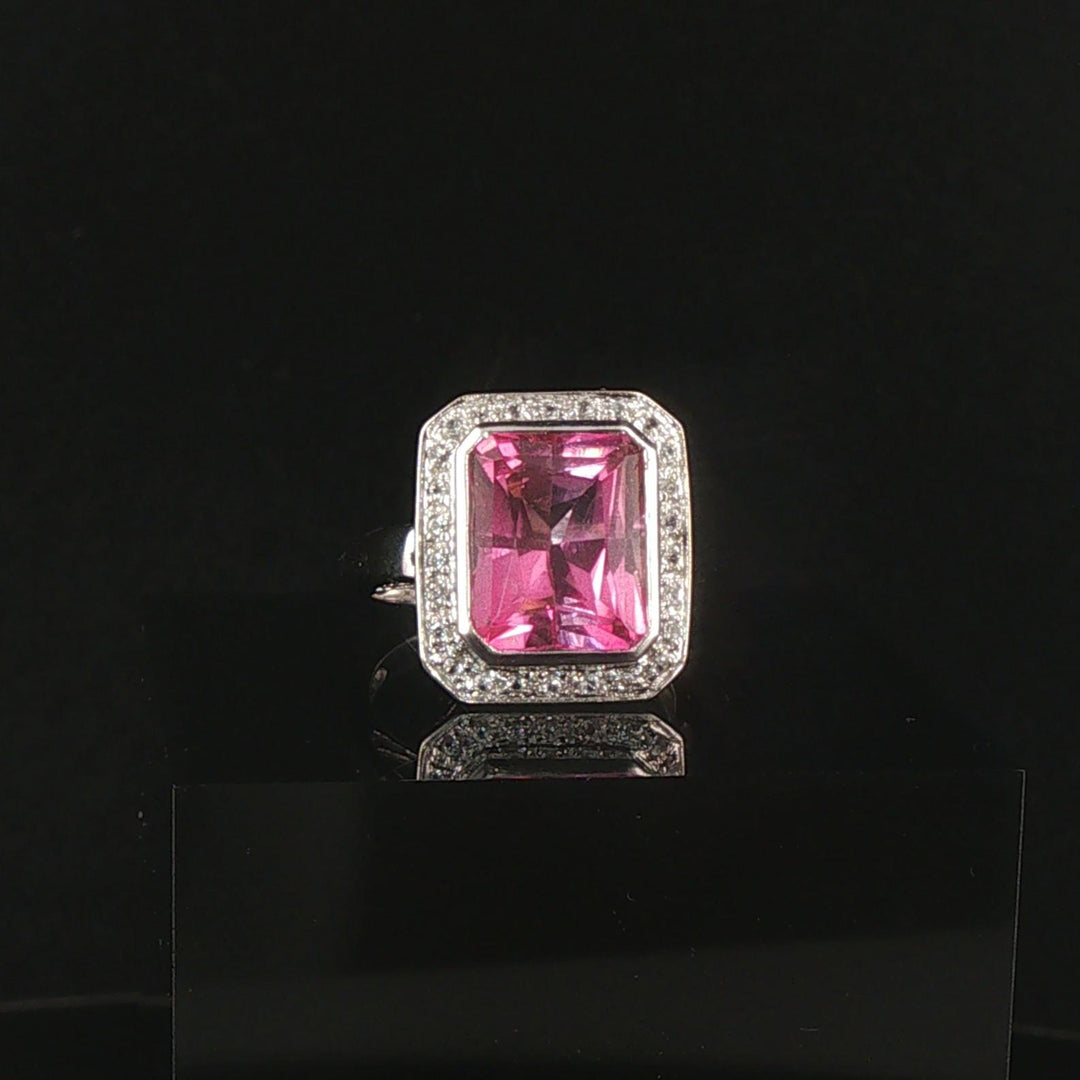 14k White Gold Pink Topaz and Diamond Ring Size 6
