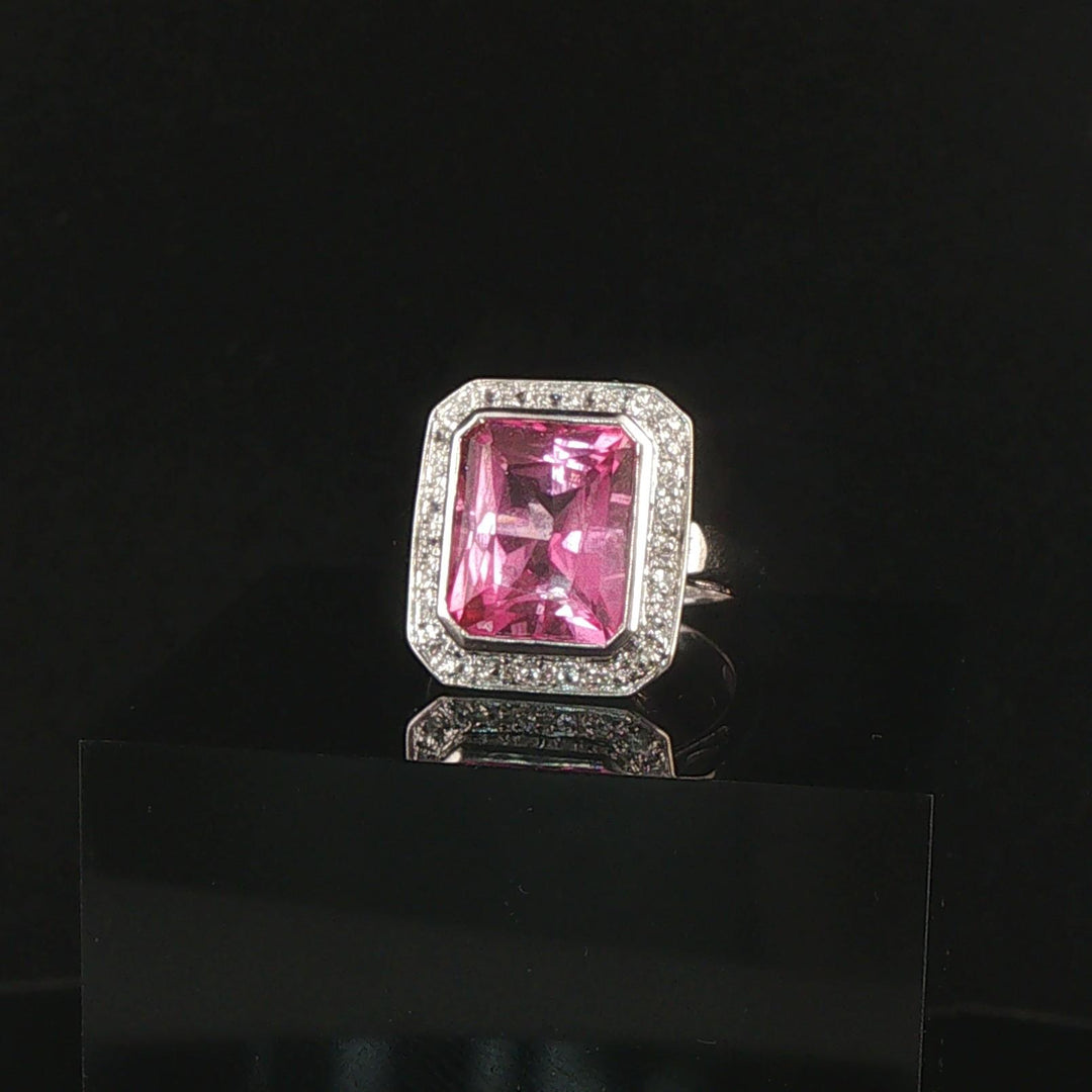 14k White Gold Pink Topaz and Diamond Ring Size 6