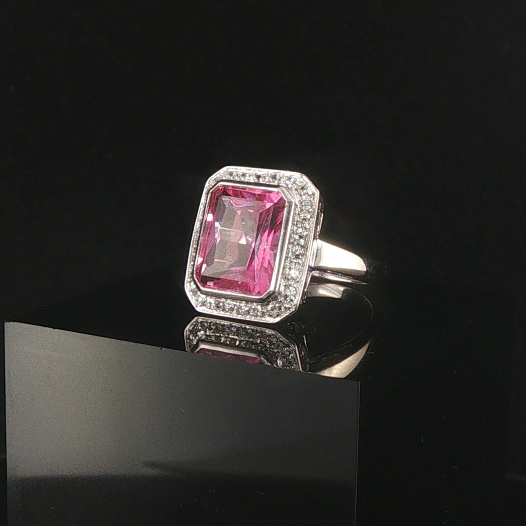14k White Gold Pink Topaz and Diamond Ring Size 6