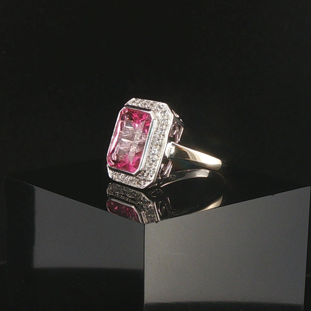 14k White Gold Pink Topaz and Diamond Ring Size 6