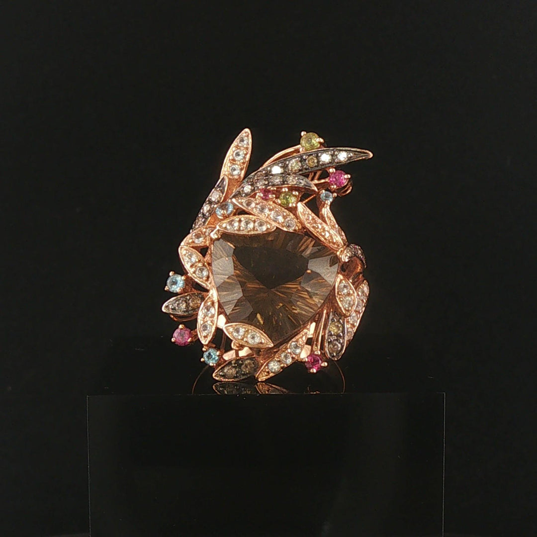 LeVian 14k Rose Gold Smoky Quartz Multi Gemstone and Diamond Large Ring Size 9.5