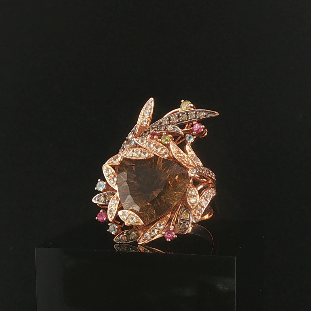 LeVian 14k Rose Gold Smoky Quartz Multi Gemstone and Diamond Large Ring Size 9.5
