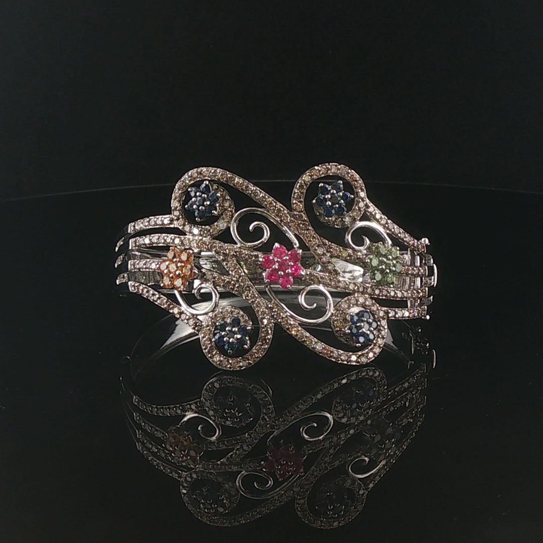 18k White Gold Sapphires and 3cttw Diamonds Heavy 36.5g Bangle Bracelet 6.5"