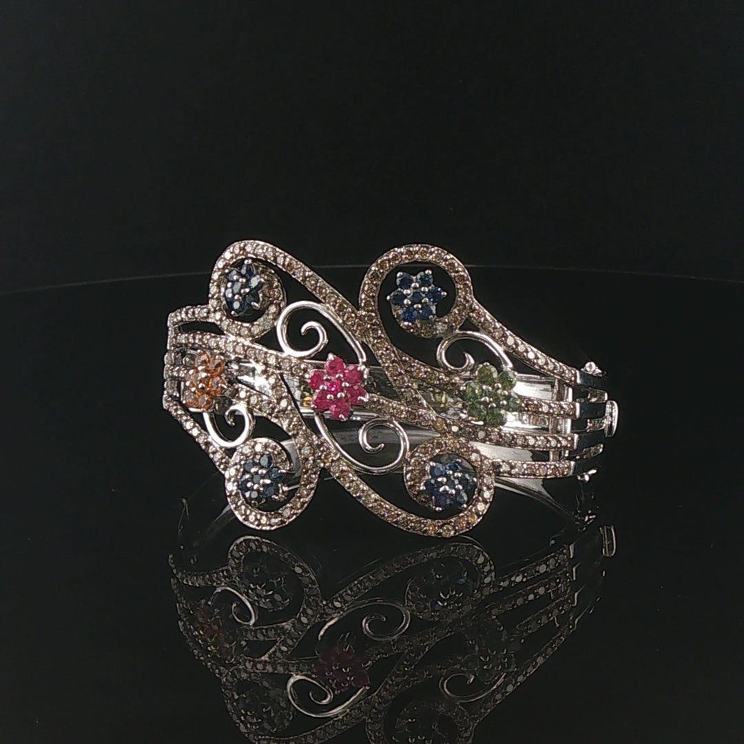 18k White Gold Sapphires and 3cttw Diamonds Heavy 36.5g Bangle Bracelet 6.5"