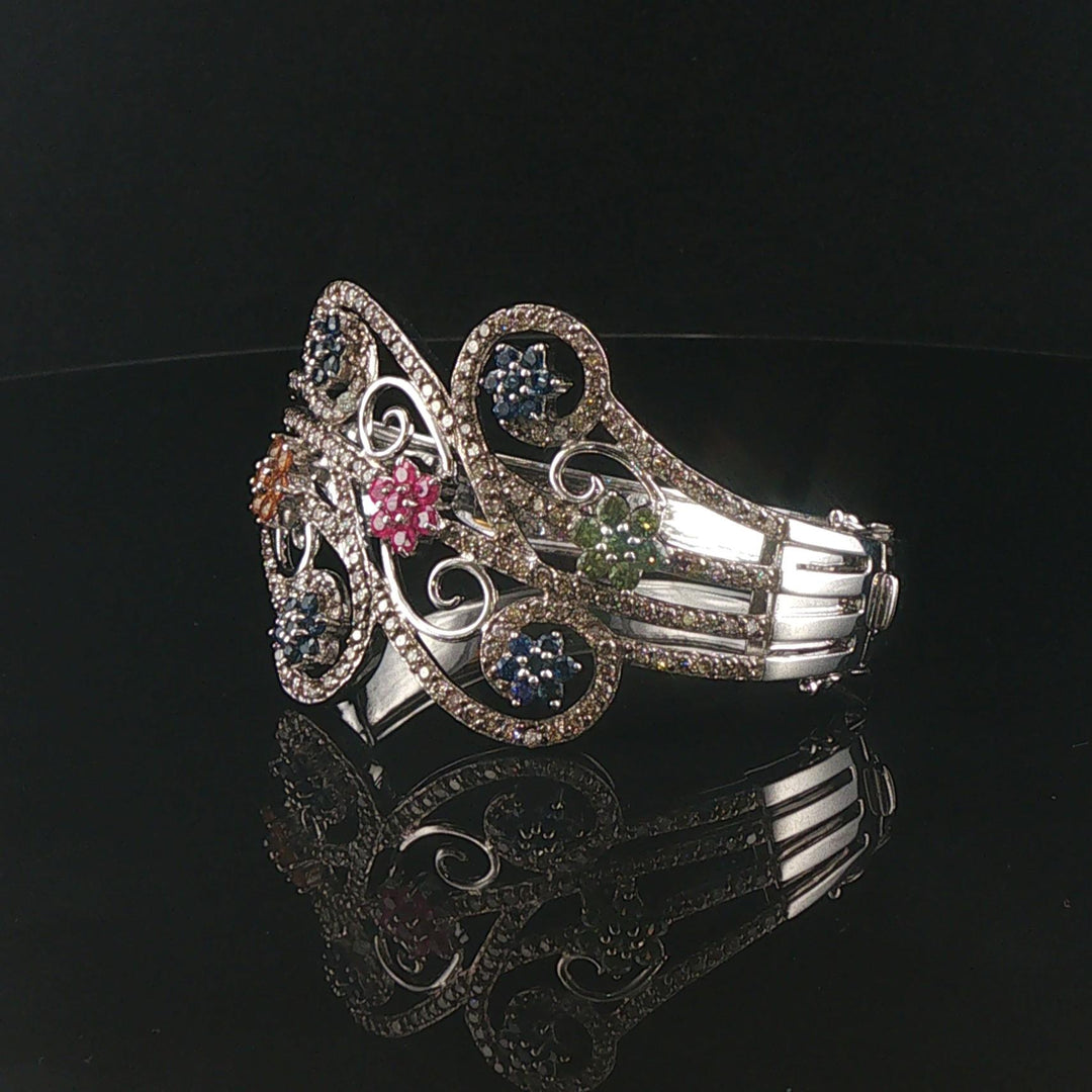 18k White Gold Sapphires and 3cttw Diamonds Heavy 36.5g Bangle Bracelet 6.5"