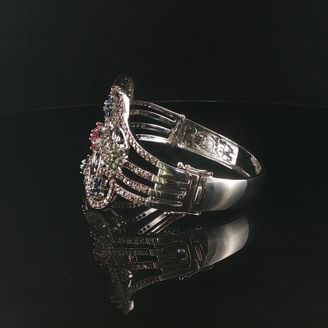 18k White Gold Sapphires and 3cttw Diamonds Heavy 36.5g Bangle Bracelet 6.5"