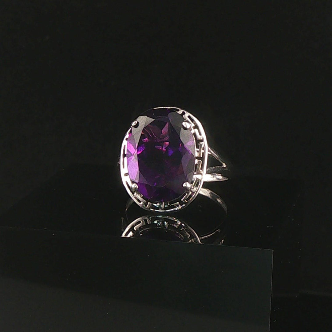 14k White Gold and Amethyst Greek Key Design Ring Size 55