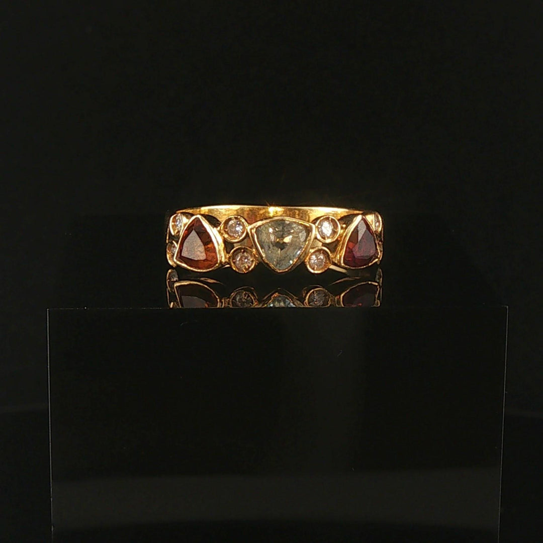 18k Yellow Gold Aqua Citrine Garnet and Diamond Vintage Band Ring Size 8.25