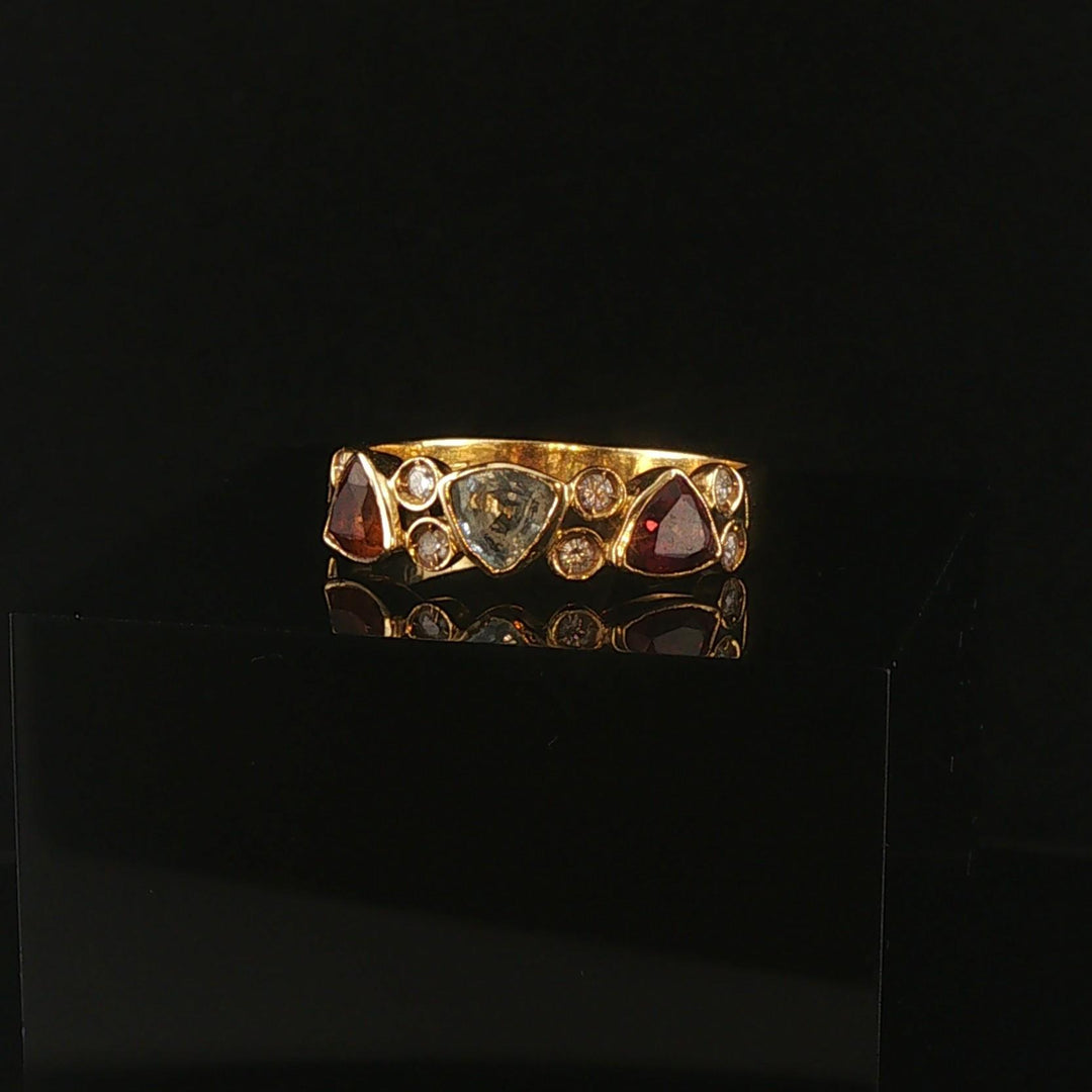 18k Yellow Gold Aqua Citrine Garnet and Diamond Vintage Band Ring Size 8.25