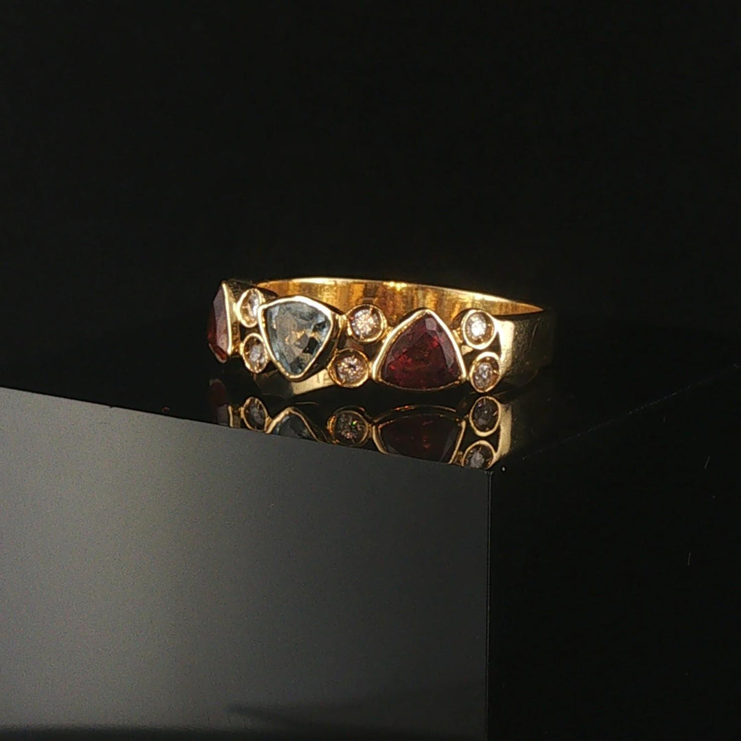 18k Yellow Gold Aqua Citrine Garnet and Diamond Vintage Band Ring Size 8.25