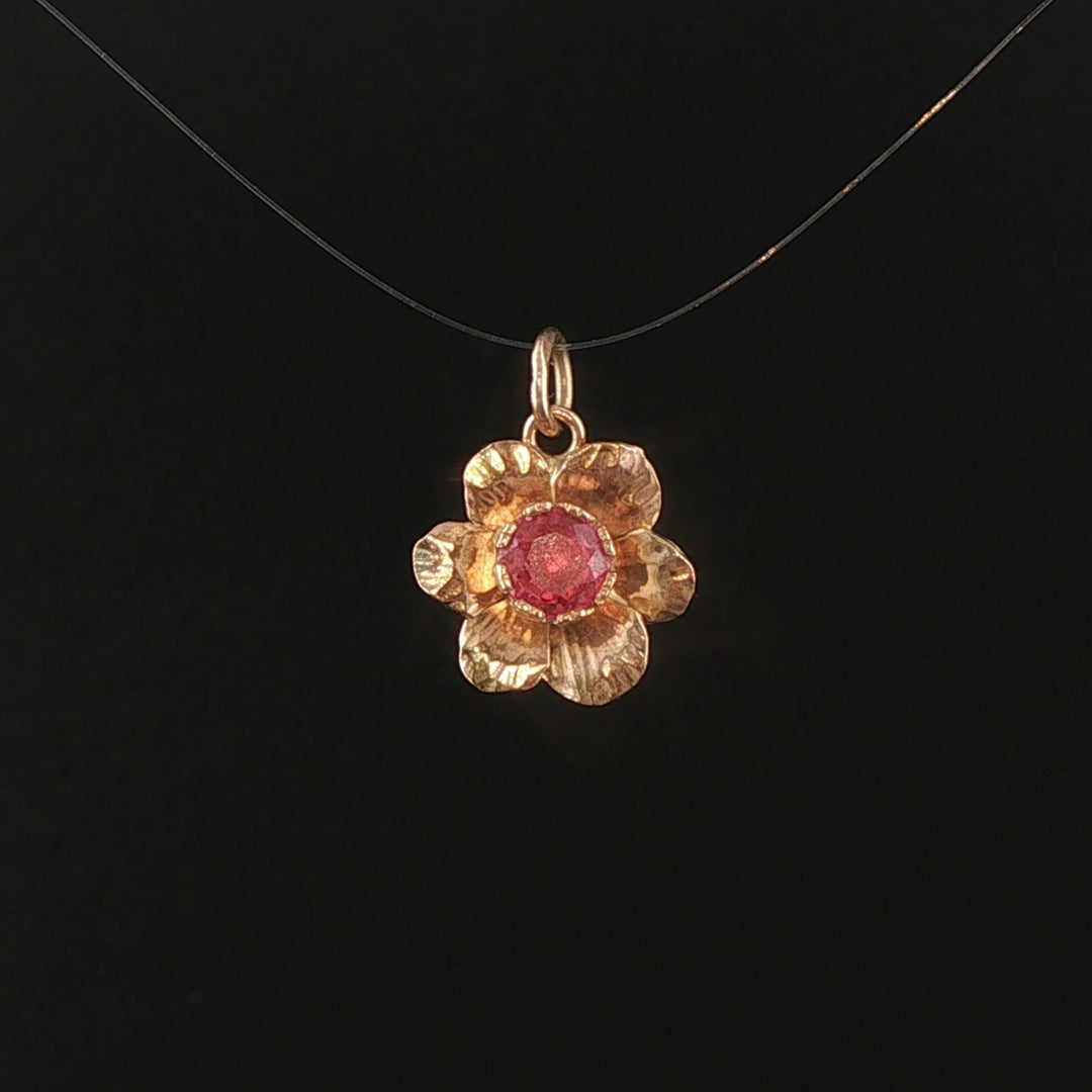 10k Yellow Gold and Pink Tourmaline Small Floral Charm Pendant 1"