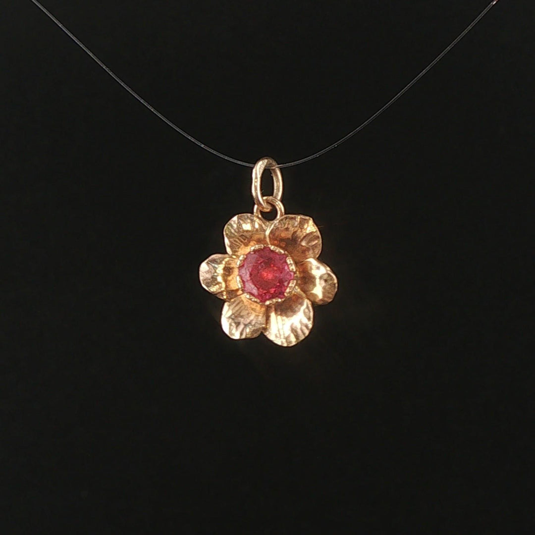 10k Yellow Gold and Pink Tourmaline Small Floral Charm Pendant 1"
