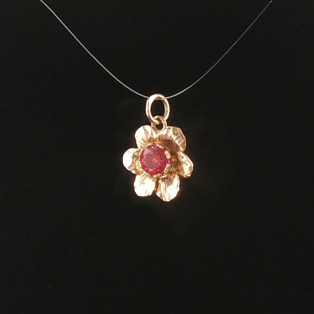 10k Yellow Gold and Pink Tourmaline Small Floral Charm Pendant 1"
