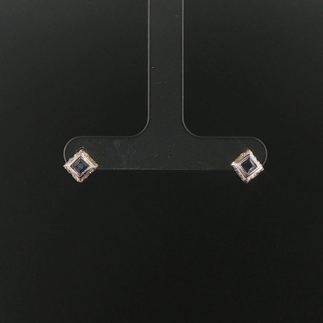 14k White Gold Blue Sapphire and Diamond Vintage Stud Earrings