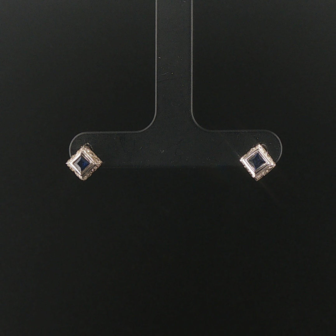 14k White Gold Blue Sapphire and Diamond Vintage Stud Earrings